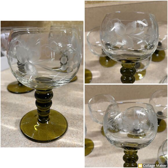 Vtg German Roemer Wine Glasses Etched Green Beehive Stem Grape MCM Set of 8